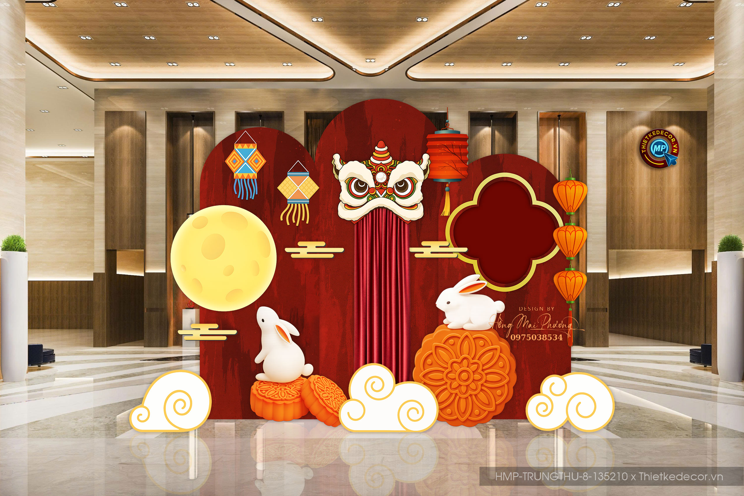 File Trung thu tone đỏ vibe cổ điển, Trang trí Trung Thu đại sảnh Mall, Chung cư, Nhà Hàng, Khách Sạn Sang trọng